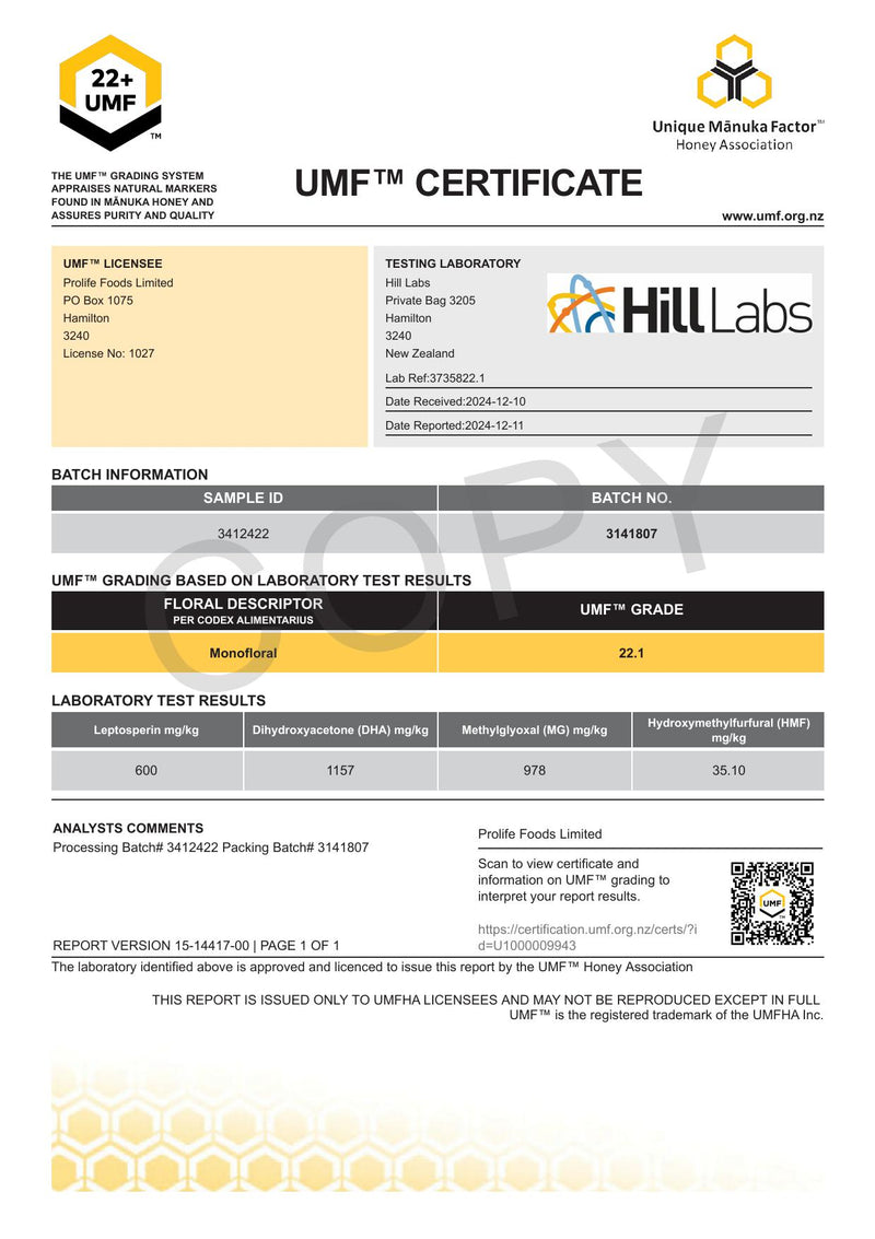 HADDRELLS of Cambridge Manuka Honey UMF 22+, MGO 976 mg/kg, 250g